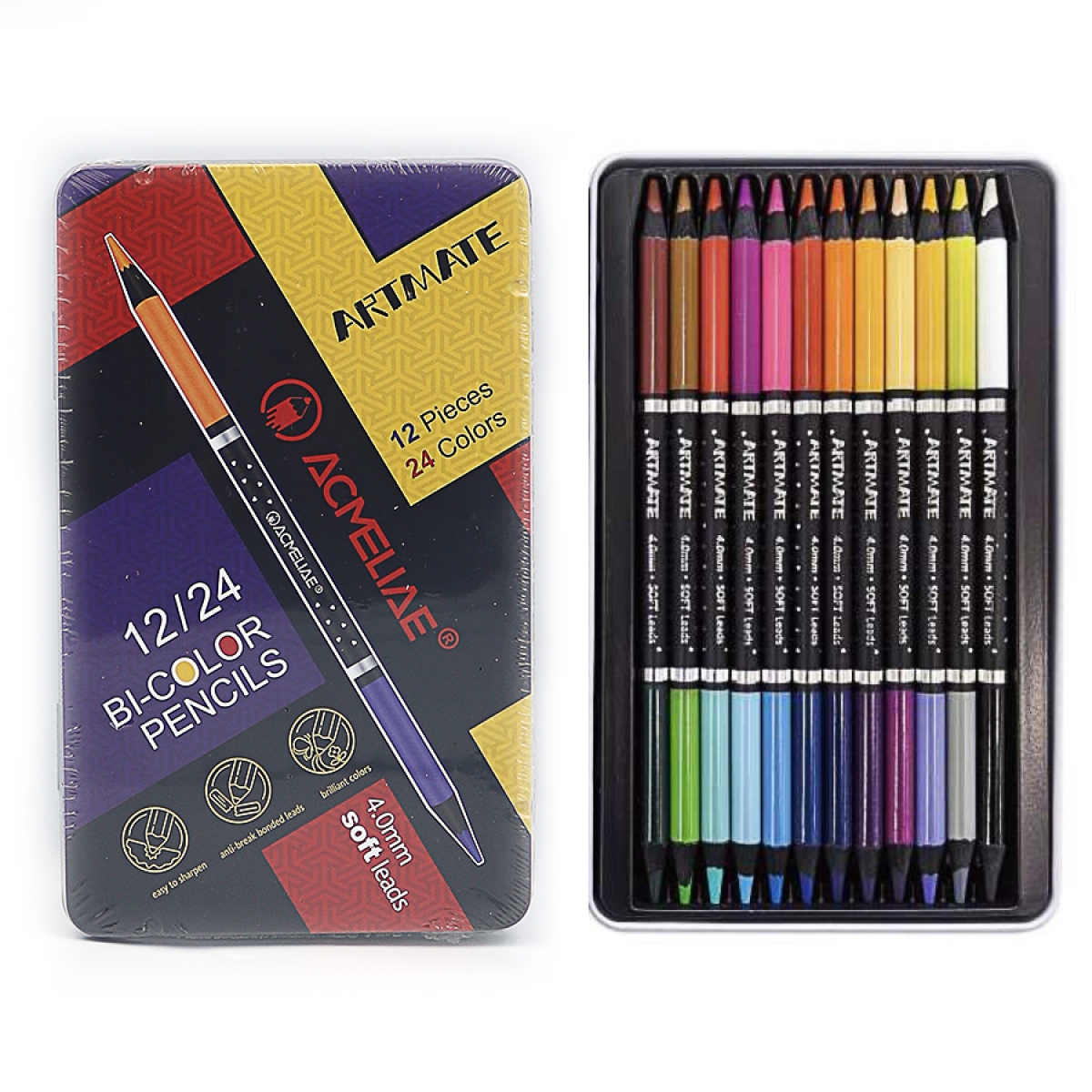 43076 Набір двокольор. олівців Acmeliae 24кол./12шт. 4.0mm,  метал. короб., 1шт./етик.              